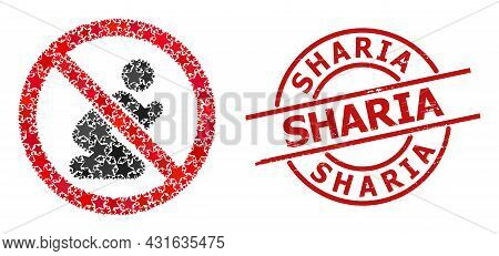 Forbid Praying Man Star Pattern And Grunge Sharia Stamp. Red Stamp With Grunge Surface And Sharia Te