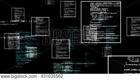 Image of data in floating frames processing on black background. Science and research concept digitally generated image