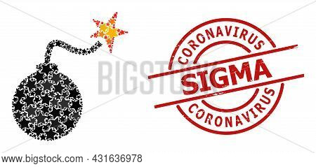 Bomb Ignition Star Mosaic And Grunge Coronavirus Sigma Badge. Red Stamp With Grunge Style And Corona