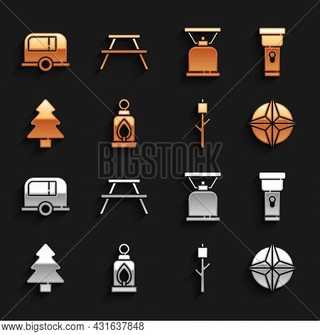 Set Camping Lantern, Flashlight, Wind Rose, Marshmallow On Stick, Forest, Gas Stove, Rv Trailer And 