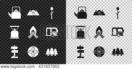 Set Kettle With Handle, Mountains, Marshmallow On Stick, Road Traffic Signpost, Wind Rose, Forest, C