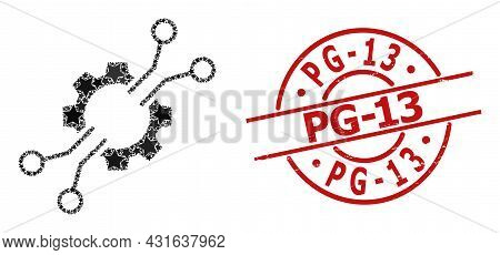 Electronic Mechanics Star Pattern And Grunge Pg-13 Badge. Red Watermark With Rubber Surface And Pg-1