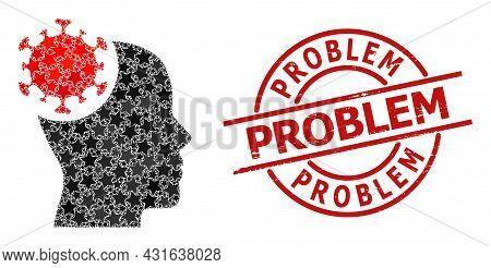 Head Virus Star Mosaic And Grunge Problem Seal. Red Seal With Unclean Surface And Problem Phrase Ins