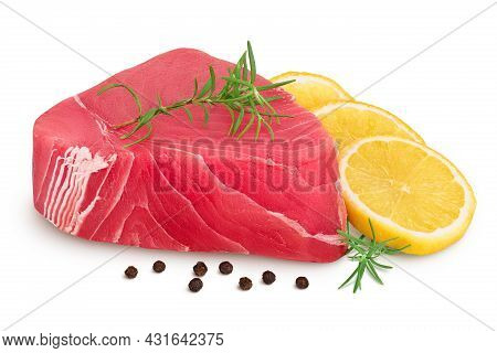 Fresh Tuna Fish Fillet Steak With Rosemary, Lemon And Peppercorns Isolated On White Background With 