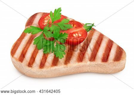 Tuna Fish Steak Grilled Isolated On White Background With Clipping Path And Full Depth Of Field