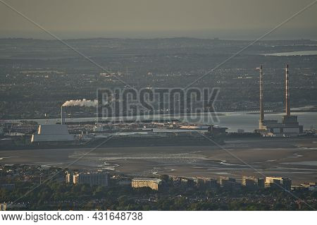 Beautiful Closeup Aerial View Of Dublin Waste To Energy (covanta Plant), Poolbeg Ccgt Chimneys Seen 