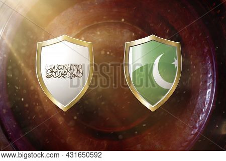 Taliban And Pakistan Flag In Golden Shield On Copper Texture Background.