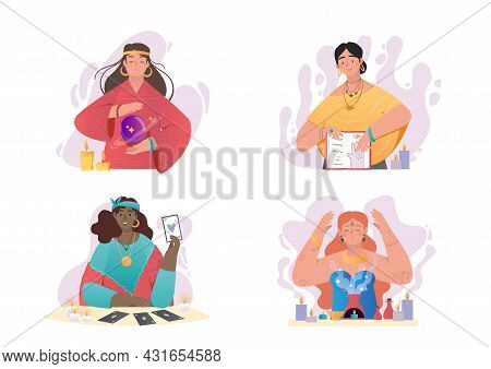 Collection Of Female Characters Predicting Fate. Clairvoyants See Future With Help Of Crystal Sphere