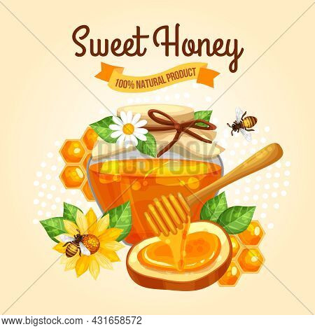 Sweet Honey Poster With Bees Jar And Yellow Flowers On Beige Background Vector Illustration