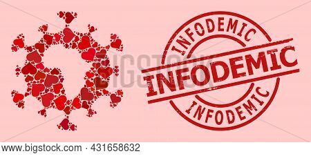 Distress Infodemic Seal, And Red Love Heart Collage For African Coronavirus. Red Round Stamp Seal Ha