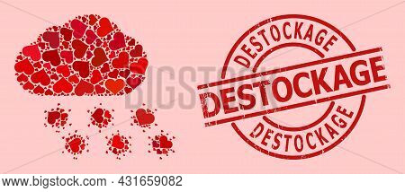 Distress Destockage Badge, And Red Love Heart Collage For Virus Cloud. Red Round Badge Has Destockag