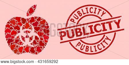 Rubber Publicity Stamp Seal, And Red Love Heart Mosaic For Infected Apple. Red Round Stamp Contains 