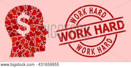 Textured Work Hard Stamp Seal, And Red Love Heart Mosaic For Banker Head. Red Round Stamp Seal Inclu