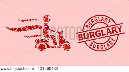 Distress Burglary Stamp, And Red Love Heart Mosaic For Fast Motorbike Courier. Red Round Stamp Seal 