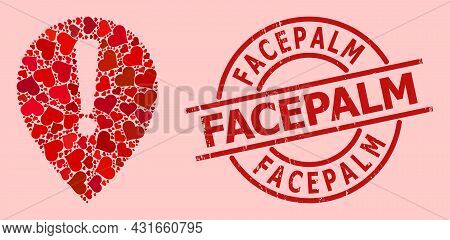 Scratched Facepalm Stamp Seal, And Red Love Heart Pattern For Notice Map Pointer. Red Round Stamp Se