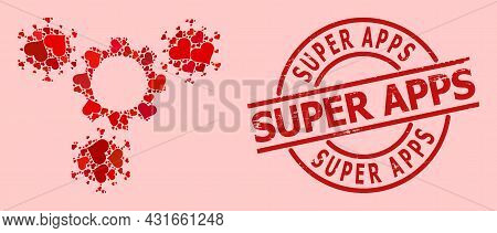 Textured Super Apps Badge, And Red Love Heart Mosaic For Virus Gears. Red Round Badge Includes Super