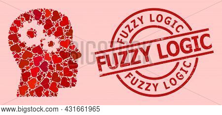 Distress Fuzzy Logic Stamp Seal, And Red Love Heart Mosaic For Head Gears. Red Round Stamp Seal Incl