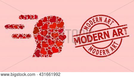 Textured Modern Art Stamp Seal, And Red Love Heart Mosaic For Rush Mind. Red Round Stamp Seal Includ
