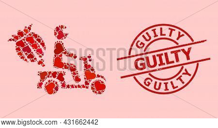Grunge Guilty Stamp Seal, And Red Love Heart Collage For Opium Motorbike Delivery. Red Round Stamp S