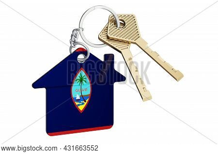 Real Estate In Guam. Home Keychain With Guamanian Flag. Property, Rent Or Mortgage Concept. 3d Rende