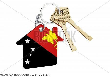 Real Estate In Papua New Guinea. Home Keychain With Papuan New Guinean Flag. Property, Rent Or Mortg