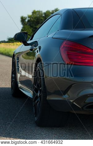 Dnepropetrovsk, Ukraine - 08.24. 2021: Photos Of The Mercedes Benz Sl550 Convertible On The Road.