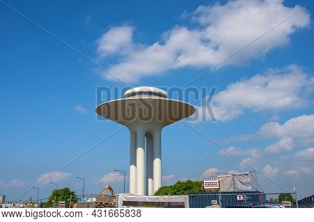 Hyllie Water Tower And Some Works Around It. Beautiful High White Building. Malmo, Sweden 16. May 20