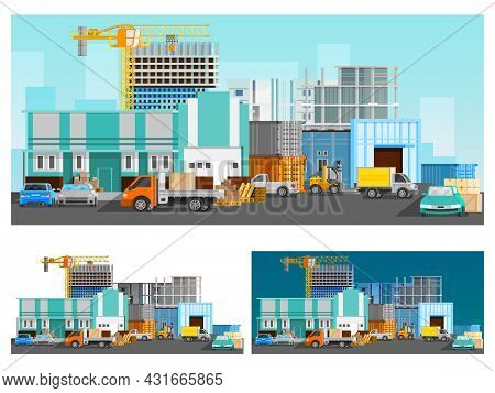 Warehouse Building And Logistics Orthogonal Compositions Set With Cars Flat Isolated Vector Illustra