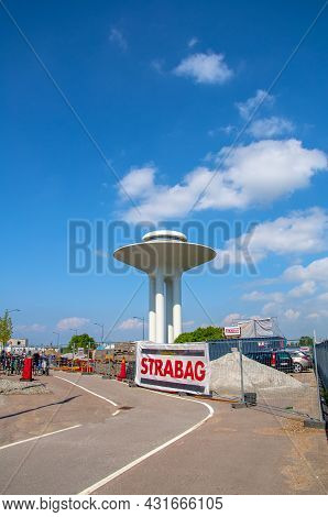 Hyllie Water Tower And Some Works Around It. Beautiful High White Building. Malmo, Sweden 16. May 20
