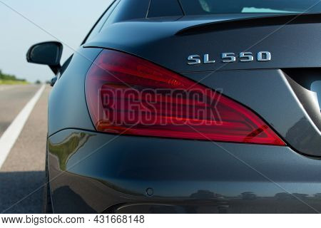 Dnepropetrovsk, Ukraine - 08.24.2021: Photos Of The Mercedes Benz Sl550 Convertible On The Road. Rea