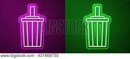 Glowing Neon Line Paper Glass With Drinking Straw And Water Icon Isolated On Purple And Green Backgr