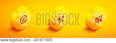 Set Isometric No Fire, Firefighter Axe And Hose Reel Icon. Vector