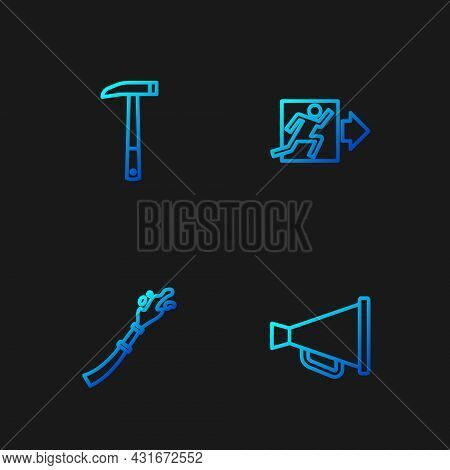 Set Line Megaphone, Fire Hose Reel, Firefighter Axe And Exit. Gradient Color Icons. Vector