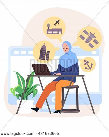 Woman With Hijab Scarf Sitting In Front Of Laptop On The Desk To Handle Scada System To Control Phys