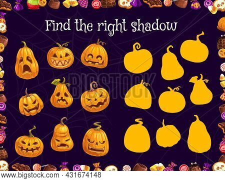 Halloween Kids Game With Find The Right Silhouette Of Vector Pumpkins And Treats. Halloween Shadow M