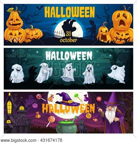 Halloween Cartoon Vector Banners. Magician In Purple Dress Holding Wand, Jack-o-lantern Pumpkins And