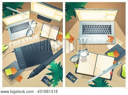 Creative Time Posters With Top View Of Designer Workspace. Vector Flyers With Cartoon Flat Lay Of Cr