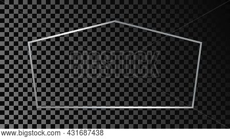 Silver Glowing Tetragon Shape Frame Isolated On Dark Transparent Background. Shiny Frame With Glowin