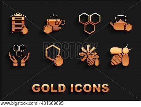 Set Honeycomb, Tea Kettle With Honey, Bee, And Flower, Hands, Hive For Bees And Cup Of Tea Icon. Vec