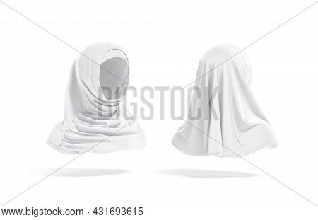 Blank White Female Al-amira Mockup Front And Back, Side View, 3d Rendering. Empty Religion Head Scar