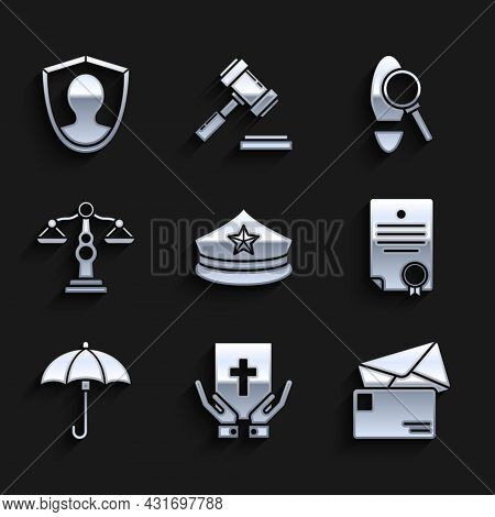 Set Police Cap With Cockade, Oath On The Holy Bible, Envelope, Certificate Template, Umbrella, Scale
