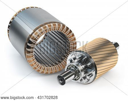 Rotor and stator of electric motor isolated on white background. 3d illustration