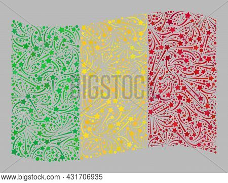 Mosaic Waving Mali Flag Constructed Of Fireworks Star Icons. Vector Fireworks Mosaic Waving Mali Fla