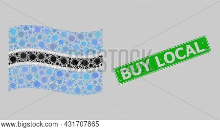 Textured Buy Local And Mosaic Waving Botswana Flag Created Of Sun Icons. Green Stamp Seal Includes B