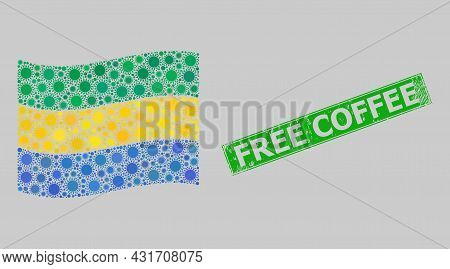 Grunge Free Coffee And Mosaic Waving Gabon Flag Constructed With Sun Items. Green Stamp Includes Fre