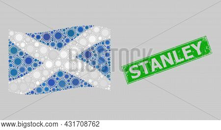 Grunge Stanley And Mosaic Waving Scotland Flag Constructed Of Sun Elements. Green Stamp Seal Has Sta