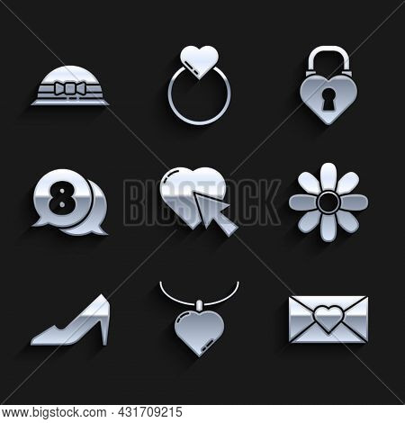 Set Heart And Cursor Click, Necklace With Heart Shaped Pendant, Envelope 8 March, Flower, Woman Shoe
