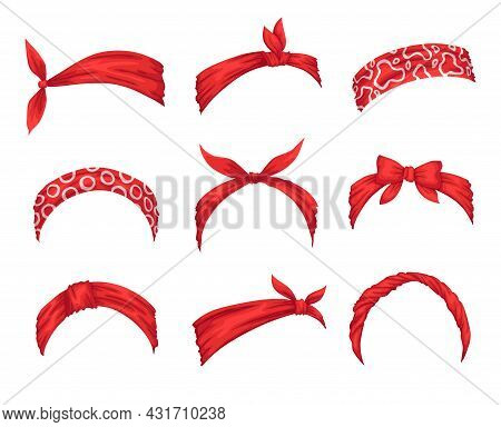 Collection Of Retro Headbands For Woman. Mockups Of Decorative Hair Knott. Red Bandana Windy Hair Dr