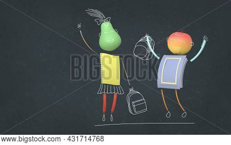 The Characters Of A Boy And A Girl In A Cartoon Design Made Of An Apple, A Pear And School Supplies 