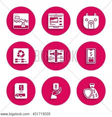 Set Stacks Paper Money Cash, Hand Holding Bitcoin, Shield Bag, Mobile With Dollar, Financial Book, P